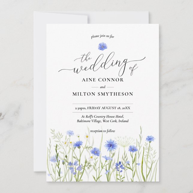 Invitación Boda de flores silvestres azules, fuente elegante, (Anverso)