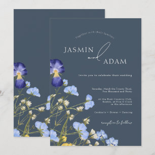 Invitación Boda de flores silvestres azules pizarra elegante