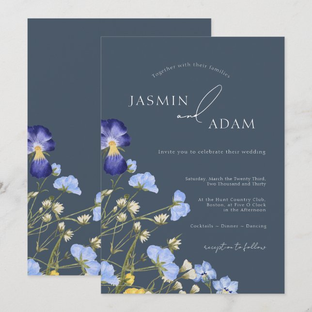 Invitación Boda de flores silvestres azules pizarra elegante (Anverso / Reverso)