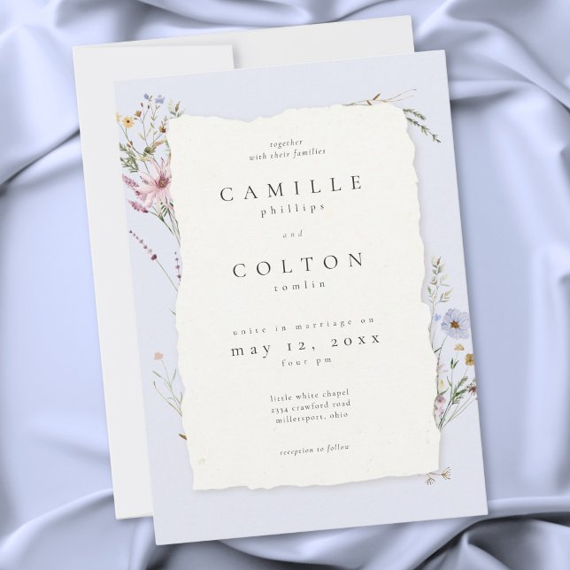 Invitación Boda de flores silvestres azules polvorientas rúst (Rustic Blush Pink Romantic Wildflower Wedding Invitation)