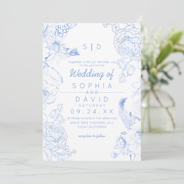 Invitación Boda de flores silvestres azules rústicos elegante (Anverso de pie)