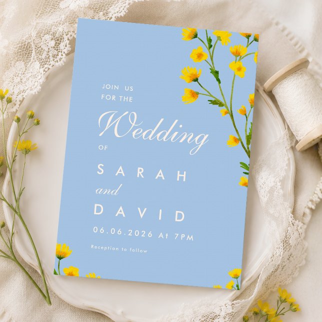 Invitación Boda de flores silvestres azules y amarillas elega (Subido por el creador)
