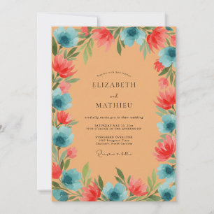 Invitación Boda de flores silvestres azules y coral bronceado