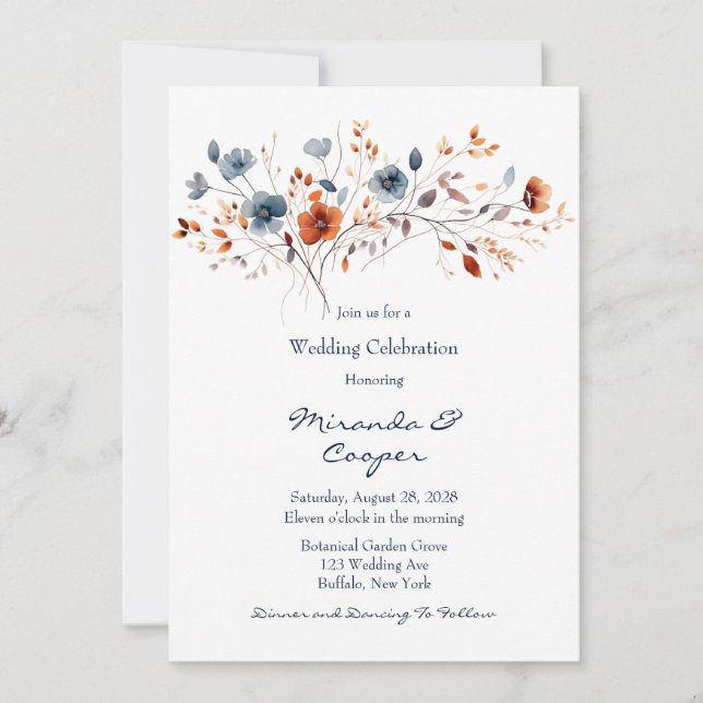 Invitación Boda de Flores Silvestres azules y Naranjas (Anverso)