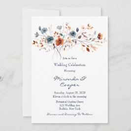 Invitación Boda de Flores Silvestres azules y Naranjas