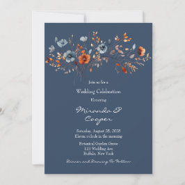 Invitación Boda de Flores Silvestres azules y Naranjas