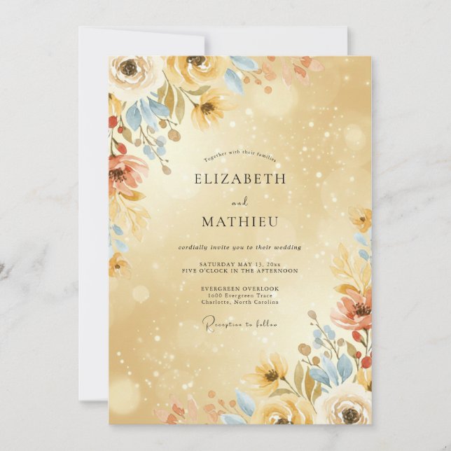 Invitación Boda de flores silvestres Azure dorado (Anverso)