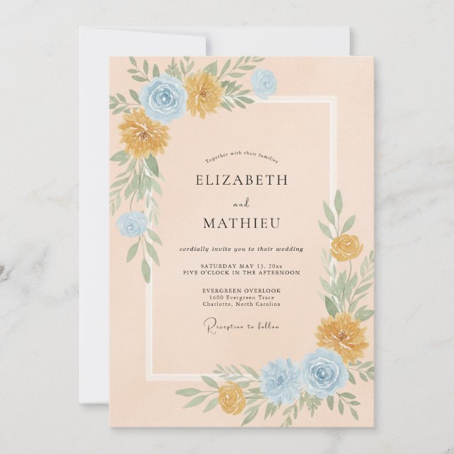 Invitación Boda de flores silvestres Azure dorado (Anverso)
