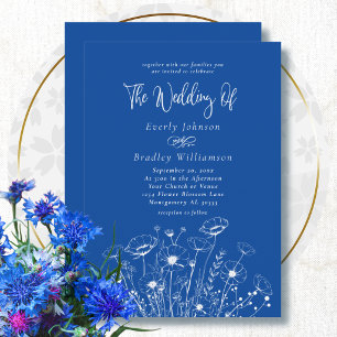 Invitación Boda de flores silvestres blancas y azul cobalto d