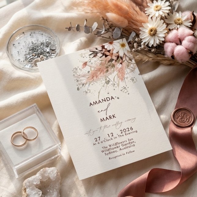 Invitación Boda de flores silvestres bohemias con hierba de p (Subido por el creador)