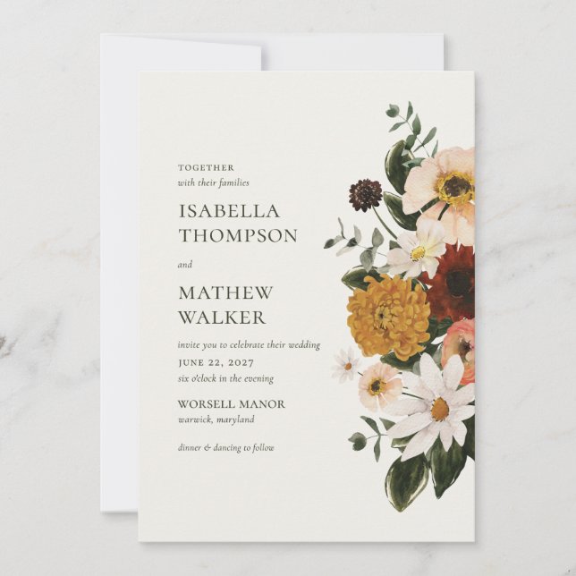 Invitación Boda de flores silvestres boho de Borgoña de otoño (Anverso)