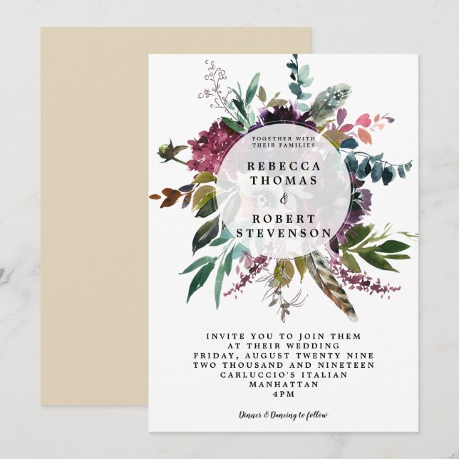 Invitación boda de flores silvestres boho morado (Anverso / Reverso)