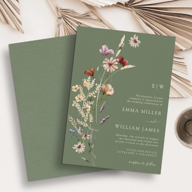 Invitación Boda de flores silvestres boho verdes (Green Boho Wildflowers Wedding Invitation
)