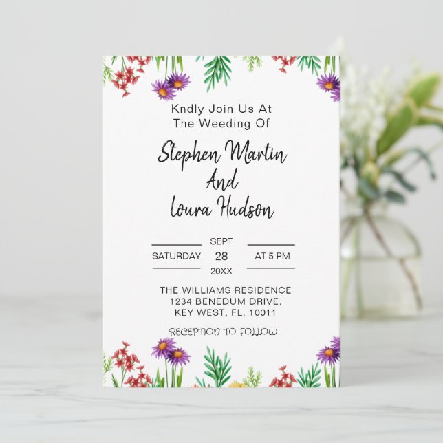 Invitación Boda de flores silvestres Boho Wildflower Floral W (Anverso de pie)