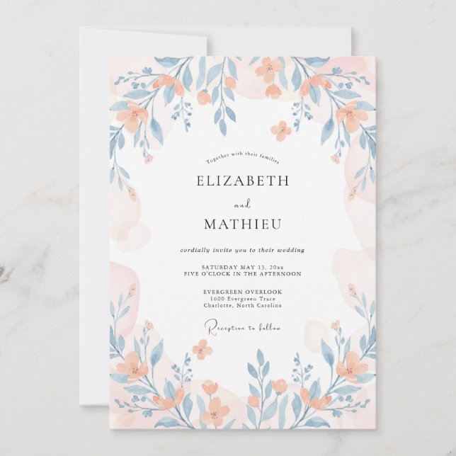 Invitación Boda de flores silvestres caprichosas de melocotón (Anverso)