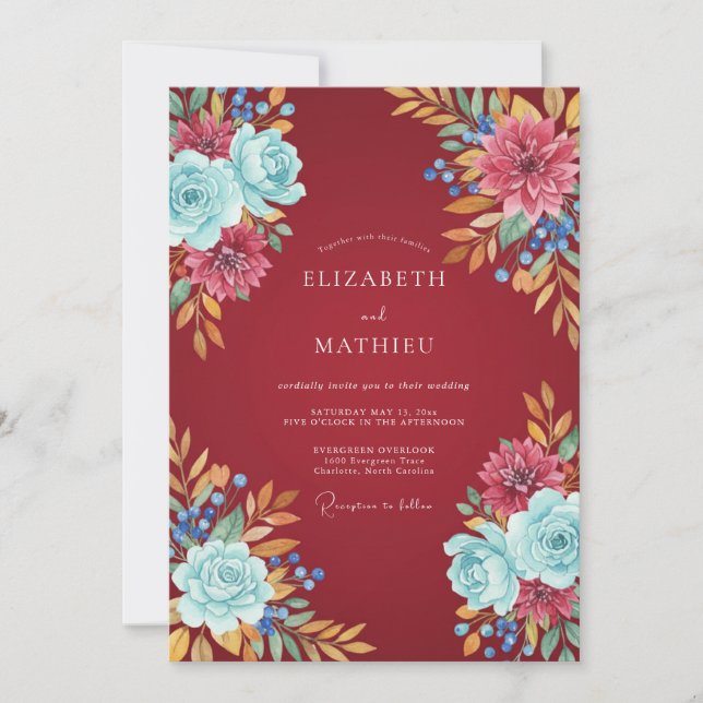 Invitación Boda de flores silvestres cian carmesí (Anverso)
