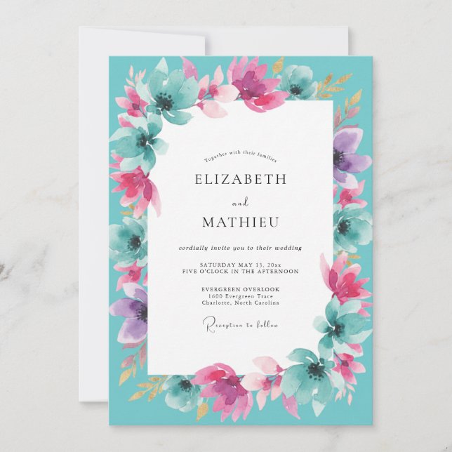 Invitación Boda de flores silvestres cian magenta (Anverso)