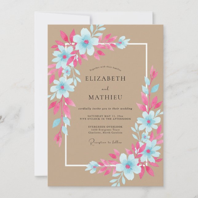Invitación Boda de flores silvestres cian y fucsia (Anverso)
