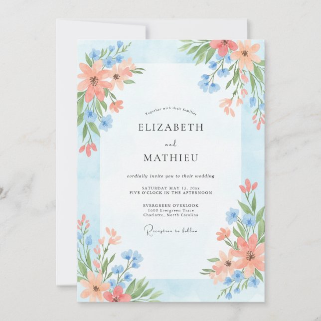 Invitación Boda de flores silvestres cielo melocotón (Anverso)