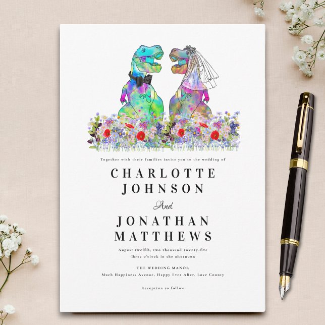 Invitación Boda de flores silvestres coloridas (Colorful wildflower dinosaur theme wedding invitation with fun dino bride and groom)