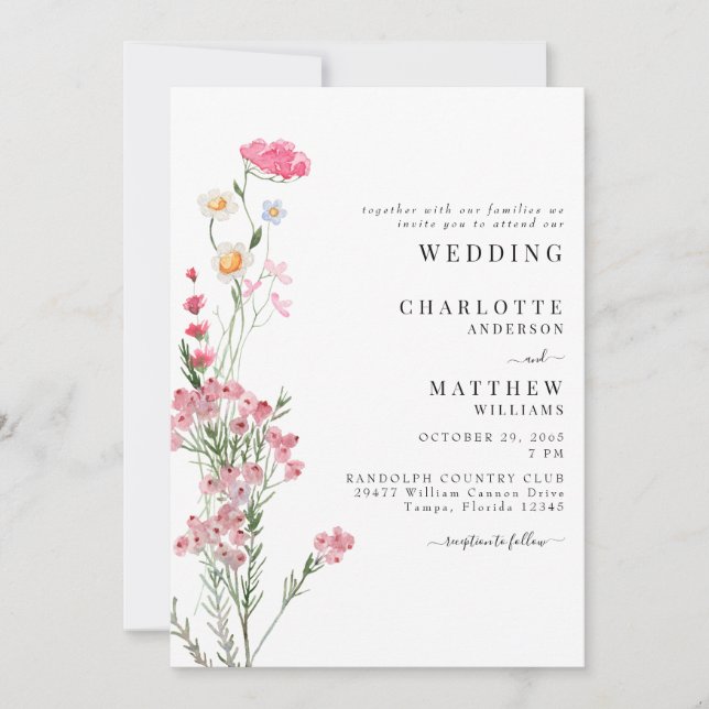 Invitación Boda de flores silvestres con acuarela rosa (Anverso)
