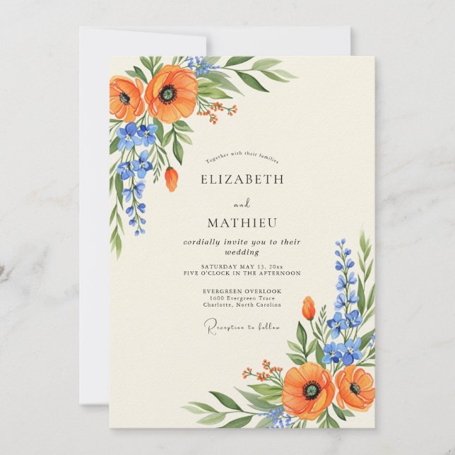Invitación Boda de flores silvestres con espíritu naranja (Anverso)