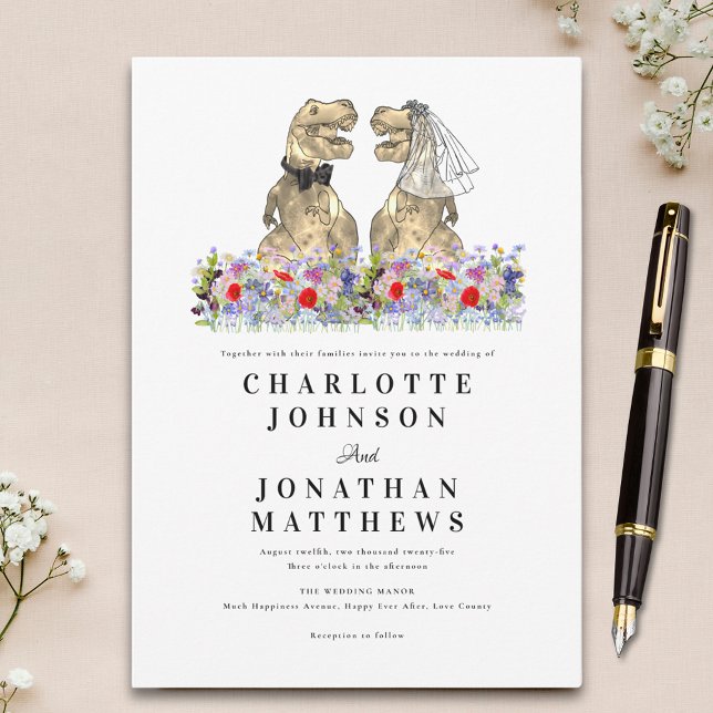 Invitación Boda de flores silvestres con tema de dinosaurios (Wildflower dinosaur theme wedding invitation)