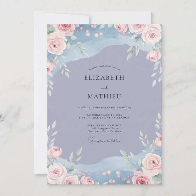 Invitación Boda de flores silvestres con toque de rosa y vinc (Anverso)