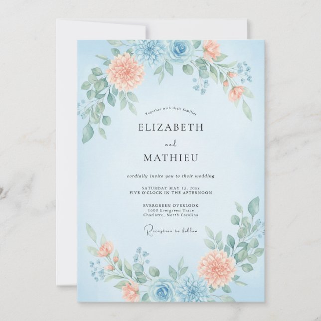 Invitación Boda de flores silvestres coral azur (Anverso)