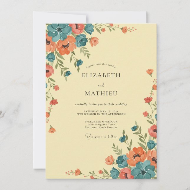 Invitación Boda de flores silvestres coral turquesa (Anverso)