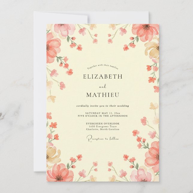 Invitación Boda de flores silvestres crema coral (Anverso)