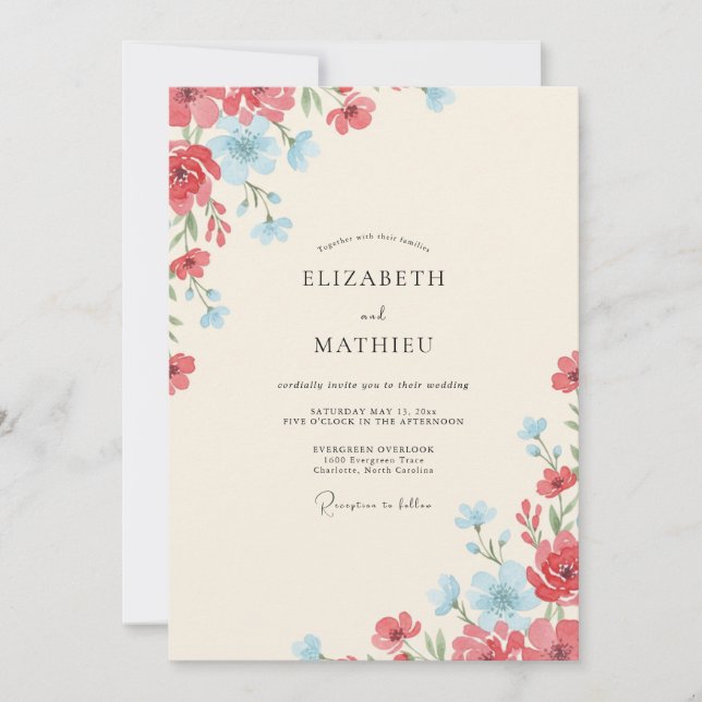 Invitación Boda de flores silvestres Crimson Azure (Anverso)