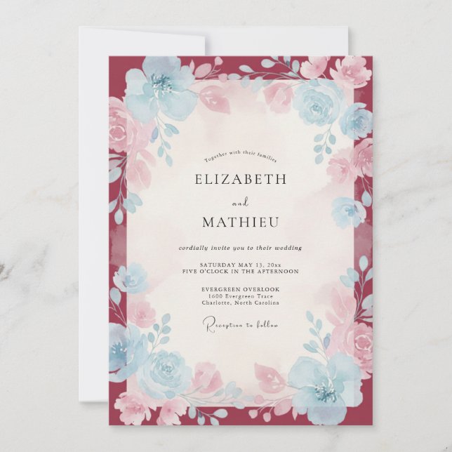 Invitación Boda de flores silvestres de aciano de Borgoña (Anverso)