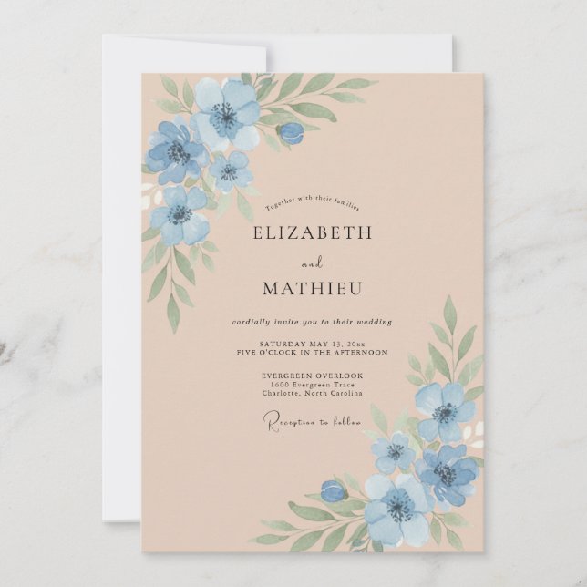Invitación Boda de flores silvestres de aciano y champán (Anverso)