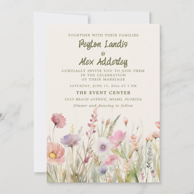 Invitación Boda de flores silvestres de acuarela pastel (Anverso)