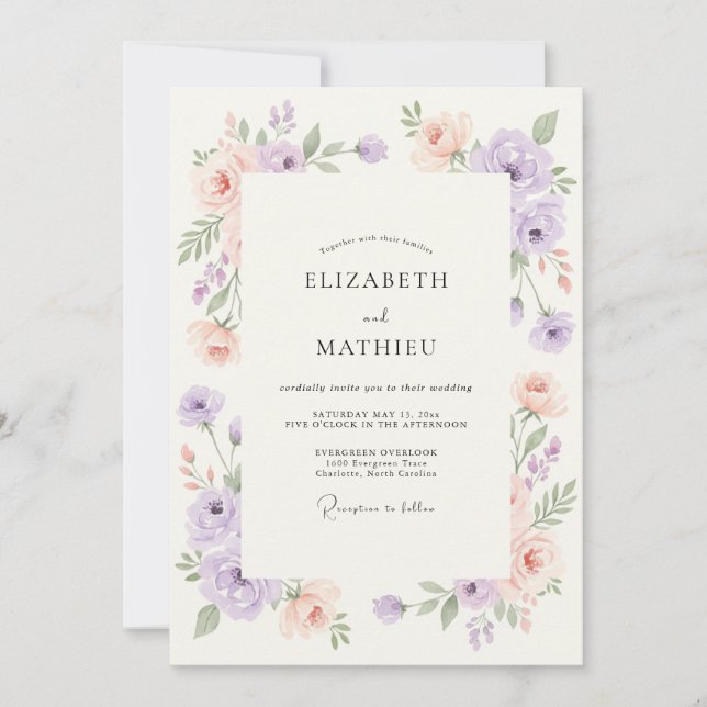 Invitación Boda de flores silvestres de albaricoque lavanda (Anverso)