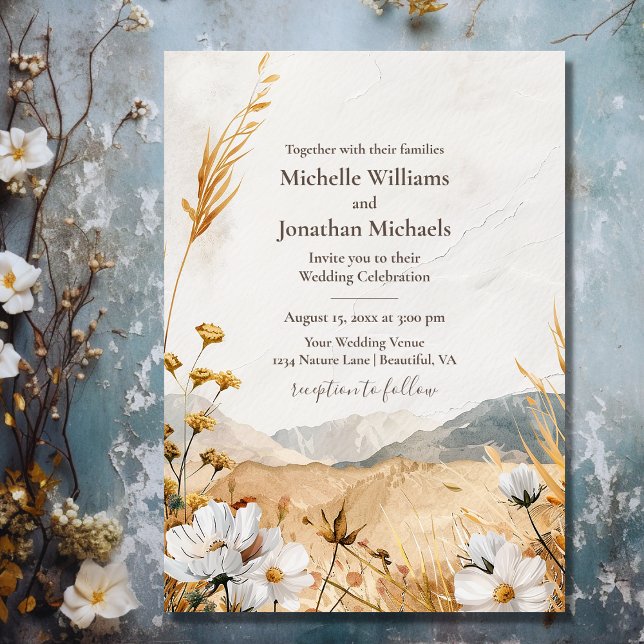 Invitación Boda de flores silvestres de bonito Boho Mountain (Front - Pretty Boho Mountain Wildflower Wedding Invitation)