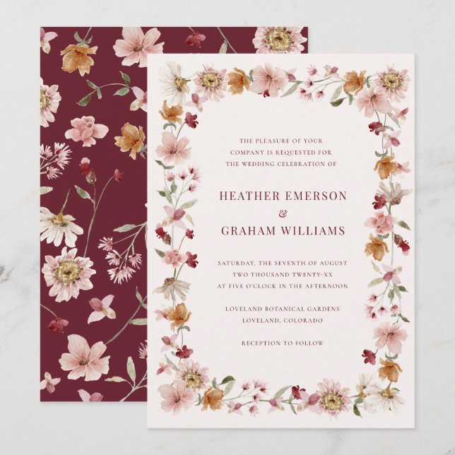 Invitación Boda de flores silvestres de Borgoña (Anverso / Reverso)