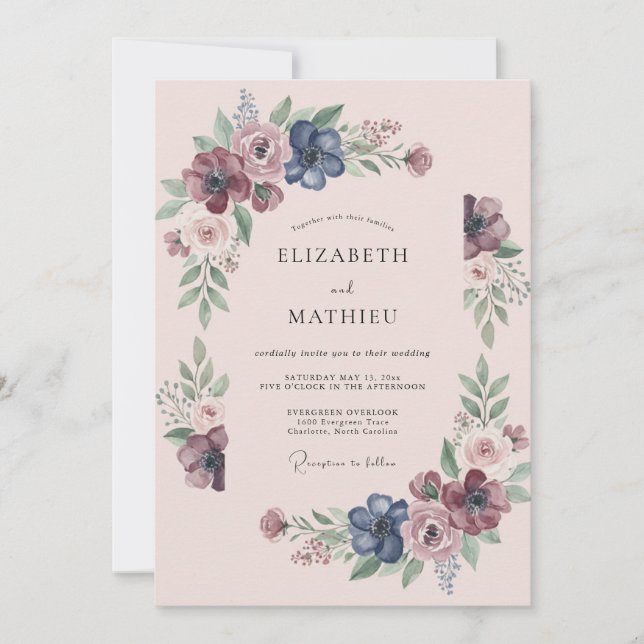 Invitación Boda de flores silvestres de ciruela índigo (Anverso)