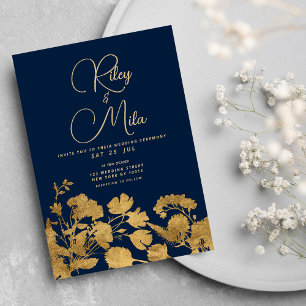 Invitación Boda de flores silvestres de color azul marino de 