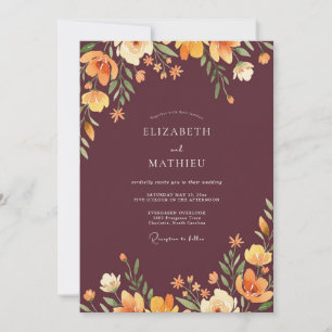 Invitación Boda de flores silvestres de color ocre ciruela rú
