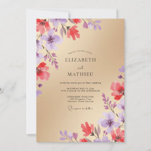 Invitación Boda de flores silvestres de coral de champán dora