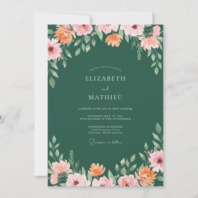 Invitación Boda de flores silvestres de coral esmeralda (Anverso)