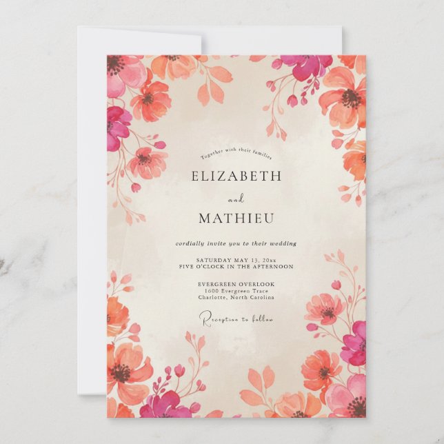 Invitación Boda de flores silvestres de coral magenta (Anverso)