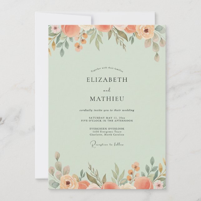 Invitación Boda de flores silvestres de coral menta pálido (Anverso)