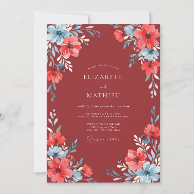 Invitación Boda de flores silvestres de coral oxidado (Anverso)