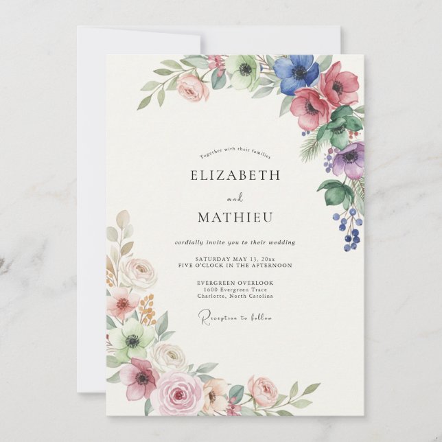 Invitación Boda de flores silvestres de coral pervinca (Anverso)
