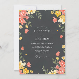 Invitación Boda de flores silvestres de coral y carbón