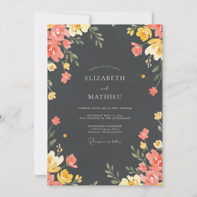 Invitación Boda de flores silvestres de coral y carbón (Anverso)
