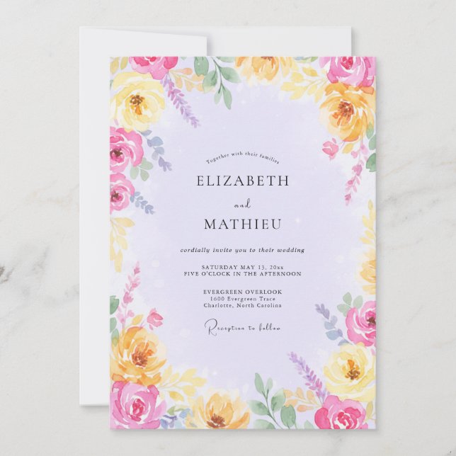 Invitación Boda de flores silvestres de fucsia amarillo (Anverso)